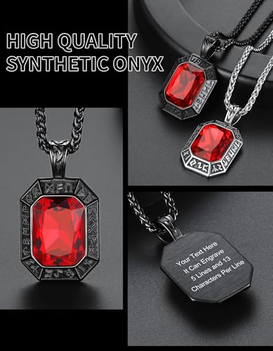 Image of ChainsHouse Viking Rune Pendant Necklace for Men Women, Punk Biker Black Metal /316L Stainless Steel Onyx Norse Vintage Amulet Necklaces with Black /Red /Green /Blue Gemstone, Send Gift Box