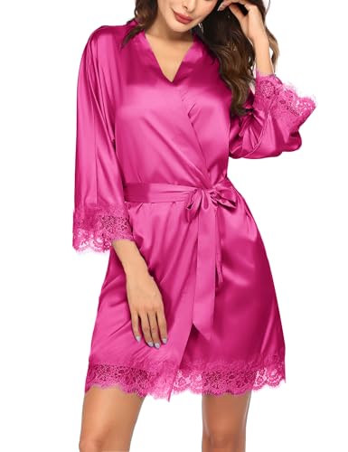Image of Ekouaer Womens Silk Robes Short Lace Trim Satin Bride Bathrobe with Pockets