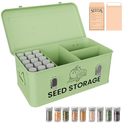 Kweetle Seed Storage Organizer Box Metal Seed Box Garden Seed Organizer with Lid Seed Containers Storage with 4 Compartments 30 Seed Holder Organizers 100pcs Seed Envelopes (Green)
