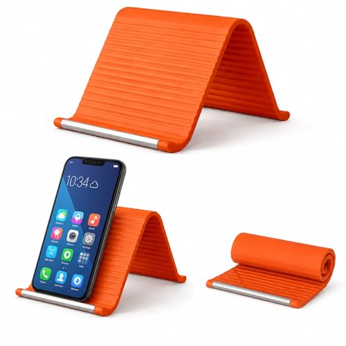Image of Questsole Flexible Silicone Phone Stand, Foldable Rollable Mobile Holder with Aluminum Core, Multi-Angle Adjustable Desk Stand for Phone, Tablet, iPad, Laptop, Travel-Ready (Orange)