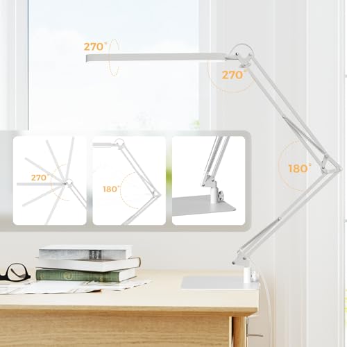 Image of SKYLEO LED Desk Lamp with Slim Base - Adjustable Swing Arm Desk Light, Dimmable, Timer, Eye Protection, Memory Function, 1300LM, 12W, White