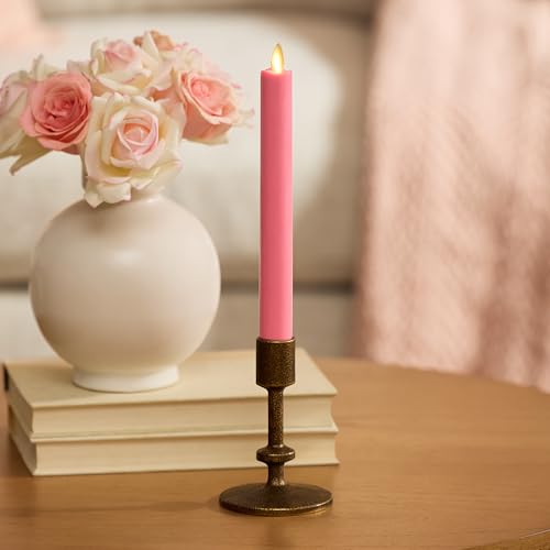 Image of Luminara Flameless Candle Taper (1 inch x 9.5 inch) Melted Top Real Wax Unscented Remote Ready Timer (Sweet Pink)