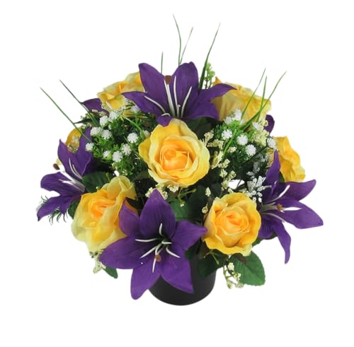 Artificial/Silk Flower Arrangement in Grave Pot, with yellow rosebuds and purple lilies 24cm