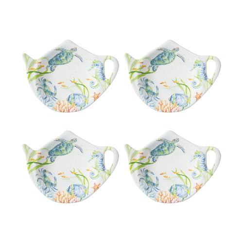 Supreme Housewares Sea Life Serenade Tea Bag Holders, Teapot Shaped Tea Bag Coasters Spoon Rests Saucer Seasoning Dish Set, Multicolor, 4 x 3 Inch, Set of 4