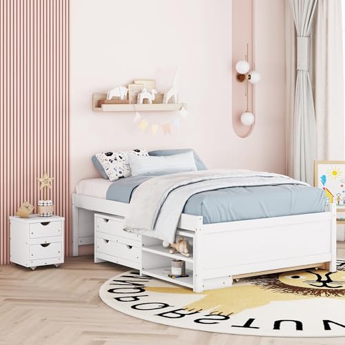 Full-Size-Storage-Bed-Solid-Wood-Bed-with-Trundle-Under-Bed-Storage-Box-of-2-Drawers-Shelves-and-NightstandWhite Full Size Storage Bed Solid Wood Bed with Trundle Under Bed Storage Box of 2 Drawers Shelves and NightstandWhite