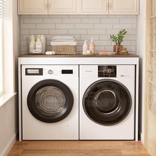 Wasmachinekast, wasmachinekast met grote werktafel, moderne kast boven de wasmachine en droger, bovenbouwkast geschikt voor wasmachine en wasdroger, 60 x 128 x 97 cm - Afbeelding 6