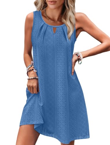 Image of RUMIA Swimsuit Coverup for Women Summer Sleeveless Beach Dress | Crew Neck, Pockets, Eyelet, Boho, Above knee Length, A-Line. Everyday wear, Sundresses, Cruise Wear, Vacation essential