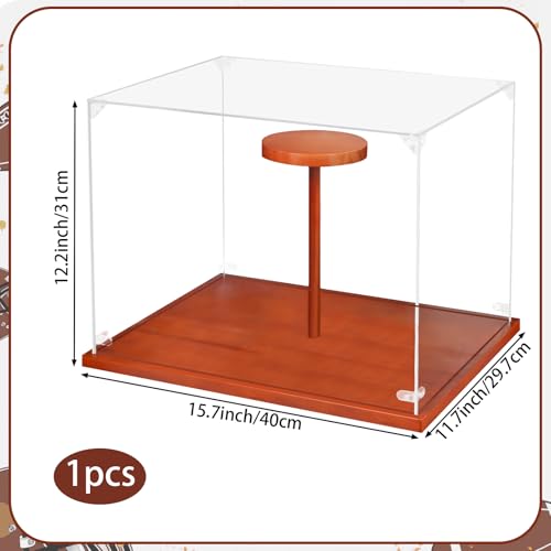 Image of Clear Acrylic Helmet Display Case with Wood Base & Tee, Memorabilia Stand Cube Holder, Dust Protection Transparent Storage Box for Single Helmet Souvenir Collections