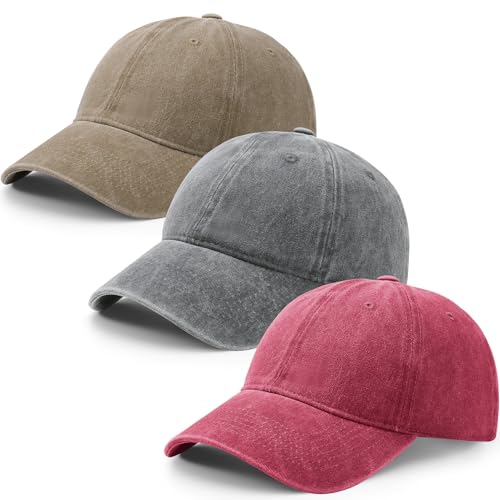 ViEinkaufen Paquete de 3 gorras de béisbol ajustables lavadas vintage de algodón desgastado para hombres y mujeres, al aire libre, golf, tenis, compras, Gris claro, caqui, rojo, Talla única