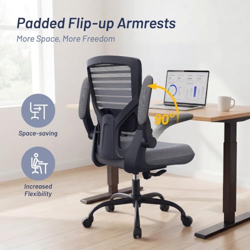 Image of Office Desk Chair for Long Hours & Back Pain Relief - 4 inch Thick Molded Foam Cushion, Enhanced Lumbar Support, Padded Flip-up Armrests, Ideal for Office or Study, Dark Gray