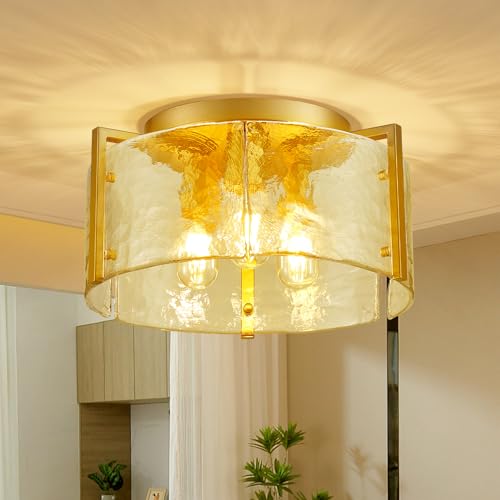 peskoe 14.2“ Semi Flush Mount Ceiling Light Fixture Gold 3-Light Small Modern Water Ripple Chandelier Glass Light Fixture for Entryway Hallway Kitchen Dining Room Foyer Bedroom Laundry Hallway