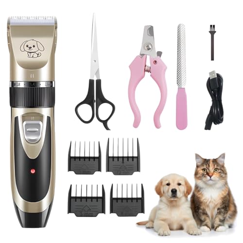 Cortapelos para Mascotas 4 en 1 Profesional, Maquina Cortar Pelo Perros y Gatos con 4 Peines Guía 3 6 9 12 mm, Kit Grooming con Tijeras, Peine y Lima, Motor 10W, Batería 1500mAh