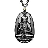 ASGIFT Black Obsidian Buddha Necklace Healing Crystal Bodhisattva Protection Pendant with Adjustable Bead Chain Good Luck Buddah Buddhist Amulet Necklaces Jewelry Gift for Men Women