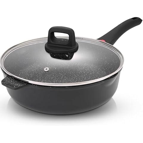 11 Inch Non Stick Deep Frying Pan Granite Coated with Pour Spout - Lightweight 4.27 Quart Skillets and Frying Pans with Comfort Stay Cool Grip Handle - Induction Compatible PFOA Free Frying Pan Cover