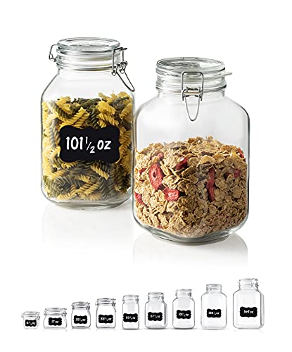 Bormioli Rocco Glass Fido Jars - 101½ Ounce (3 Liter) with hermetically Sealed hinged Airtight lid for Fermenting, Preserving, Bulk - dry Food Storage, With Paksh Novelty Chalkboard Label Set (2 Pack)