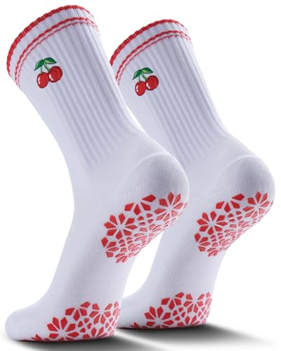 SITOISBE Women Pilates Grip Socks, Crew Sticky Socks, 2-Pack Red-C XL