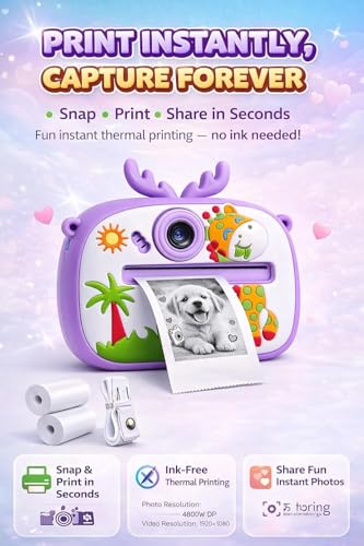 Image of Brand Conquer Kids Instant Print Camera for Girls & Boys - 1080P HD Video, 2.4 inch IPS Screen, Ink-Free Thermal Printing, Rechargeable Battery, Selfie, Games, Music, Digital Toy Camera (Random Design)