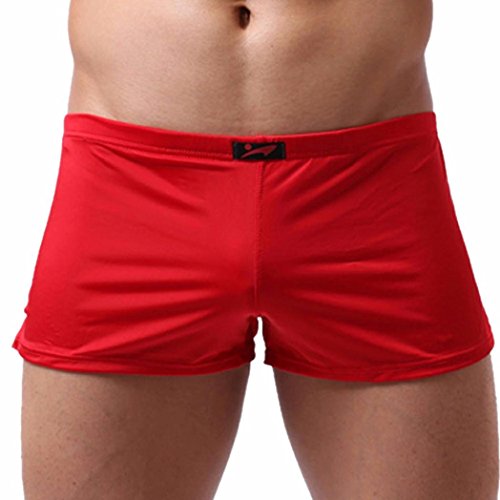 Lenfesh - Boxer Sexy Homme - Slip Respirant Solide avec Poche bombée à l'intérieur (XL, Rouge)