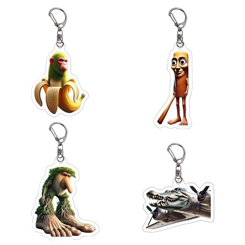 Kabwea 4 Stück Schlüsselanhänger, Tung Tung Tung Sahur, Brr Brr Patapim, Bombardiro Brocodilo, Shimpanzini Bananini, Schlüsselanhänger Lustig, Italian Brainrot