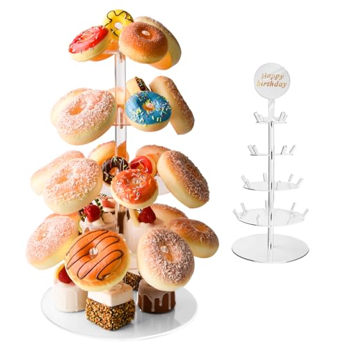 4 Tier Acrylic Donut Stand with 22 Pegs, Dessert Table Display for Doughnuts, Bagels, Cupcakes, Donut Tower Stand for Birthday Wedding Party Baby Shower Christmas 9.84 x 16.93in