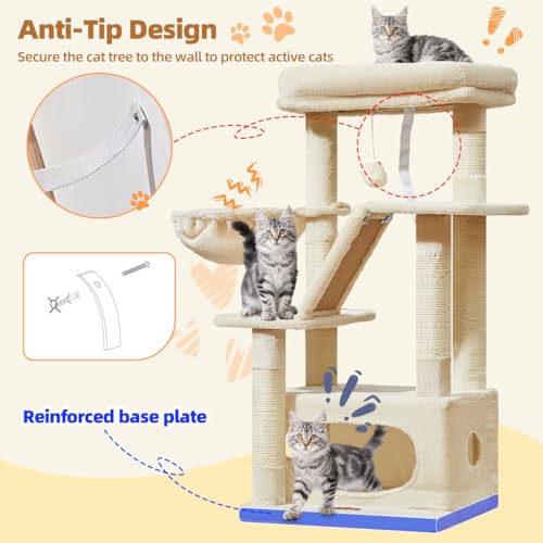 Image of Taoqimiao Cat Tree, 38.5In Cat Tower for Indoor Cats, Suitable for Kittens | Thick Padded Top Perch, Luxurious Cat Condo, Adjustable Basket, 1-Piece Ramp Scratcher, 3 Natural Sisal Posts, Beige, MS029SM