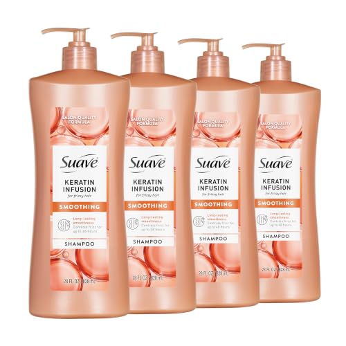 Suave Keratin Infusion Smoothing Shampoo For Frizzy Hair, Anti-Humidity + 48HR Frizz Control, Smooths & Detangles For Easy Styling, 28 fl oz Pump, 4 Count
