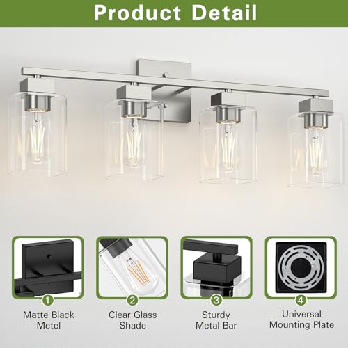 Image of 4 Light Bathroom Vanity Light - Brush Nickel Matte Vanity Lights Square Design & UL Certification & Square 26 inch Silver Bathroom Lights Fixture Over Mirror, Brush Nickel Light for Bedroom