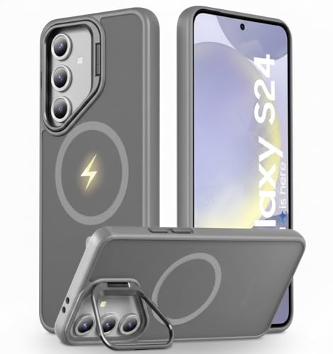 Image of DIZORO Samsung Galaxy S24 Case Compatible with Wireless Charging, with Camera Stand, Military Grade Drop Tested,Translucent Hard Back Soft Edge Back Cover (Dark Titanium Grey)