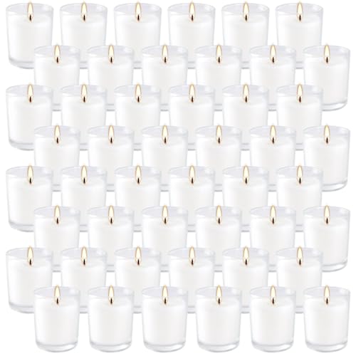 CAKETYCG 48 Pack Warm White Unscented Clear Glass Filled Votive Candles. Hand Poured Wax Candle Ideal Gifts for Aromatherapy Spa Weddings Birthdays Holidays Party.