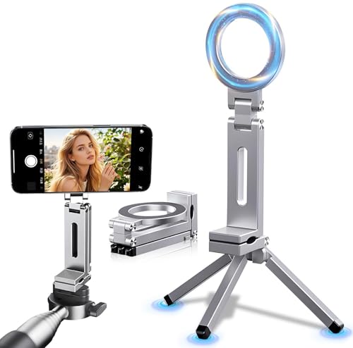 Magnetic iPhone Tripod Stand, 360-Degree Adjustable, Aluminum Phone Mount, iPhone 16/15/14/13/12 Compatible (Silver)