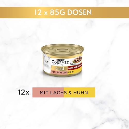 Gourmet Gold Zarte Häppchen in Sauce Katzenfutter nass, mit Lachs und Huhn, 12er Pack (12 x 85g)