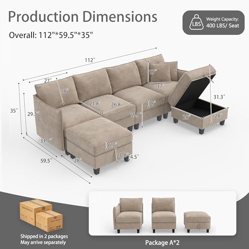 Image of Ihanherry 112 inch Modular U-Shaped Sectional Sofa, Modern 6-Seat Cloud Couch with 2 Storage Ottomans, Comfy Chenille Convertible Furniture Set for Living Room, Apartment, Easy Assembly, Brown