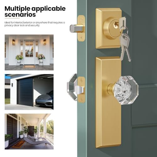 Image of Crystal Passage Knobs with Single Cylinder Deadbolt Lock, Brushed Gold