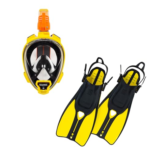 OCEAN REEF - Aria QR+ Full Face Snorkeling Mask & Duo II Travel Fins (Yellow, Mask M/L - Fins L/XL)