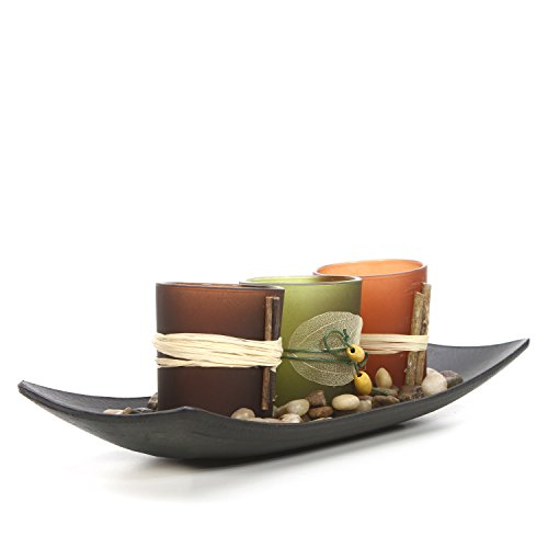 Hosley Natural Farm-House Candle-Scape Set Of 3 Decorative Candle Holders Rocks And Tray 10 Inch Long. Ideal Gift For Wedding Party Spa Aromatherapy Led Tea Light Votive Candle Gardens O5 #TOP4