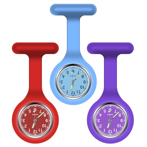 Vicloon Reloj de Bolsillo de Silicona con Broche, 3pcs Reloj de Enfermera de Bolsillo para Enfermera con Broche para Unisexo Reloj Paraméd Nurse Fob, Regalo para Enfermera Médico (púrpura Rojo Azul)