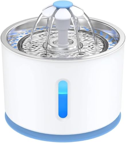 Ambety 猫と犬用飲用噴水 自動給水器 ステンレススチール製飲用トレイ 3つの給水モード 2.4L大容量 水位確認用LEDインジケーター 活性炭3個入り 軟水フィルター 省エネ BAPフリーで尿路を健康に保つ (ブルー)