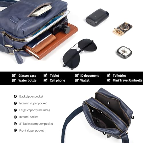 Image of Augus Men's Leather Messenger Bag Shoulder Crossbody Backpack Bags Purse for Women Vintage Anti-Theft Waterproof Casual (Blue)