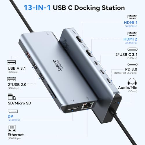 Image of USB C Docking Station Dual Monitor, Selore 13-in-1 Triple Monitor Hub