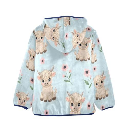 Cute Highland Cows with Flowers Toddler Fleece Jacket Girl Boys Hooded Fleece Jacket Coat Warm Outwear Zip-up 3-10T2
