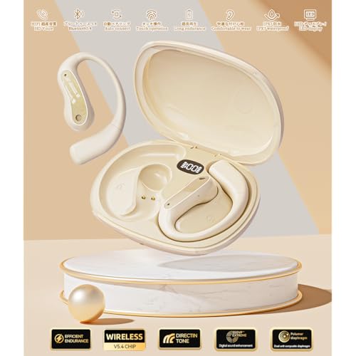 イヤホン bluetooth【2025業界最新オープンイヤー イヤホン】bluetooth 5.4 瞬間接続 Hi-Fi音質 ブルートゥースイヤホン 軽量 快適装着感 落ちない 骨伝導の革新 空気伝導 耳掛け式 耳を塞がない マイク付き 音漏れ抑制 最大60時間再生 LEDディスプレイ IPX7防水 完全ワイヤレス 通勤/通学/スポーツ/ランニング(アイボリー)