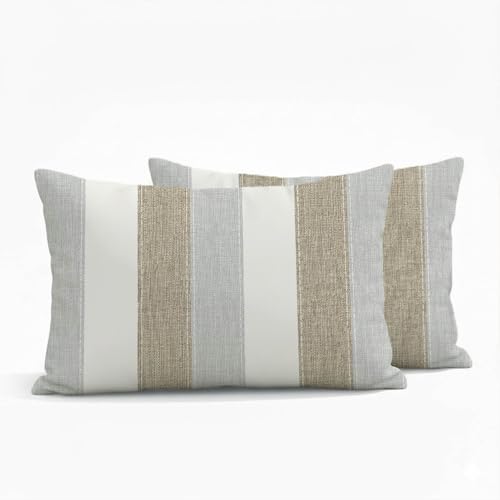 ViaElayu Housse de Coussin 30x50 cmà Rayures Beige Gris Taies Décoratif Taie d'oreiller Decoration Boheme Housse Coussin pour Canapé Divan ou Extérieur...