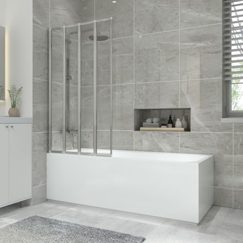 NRG 1700x700mm Acrylic Single Ended Straight Bath + Chrome 4 Panel Folding Bath Screen with Front & End Panel White Bathroom Bathtub
