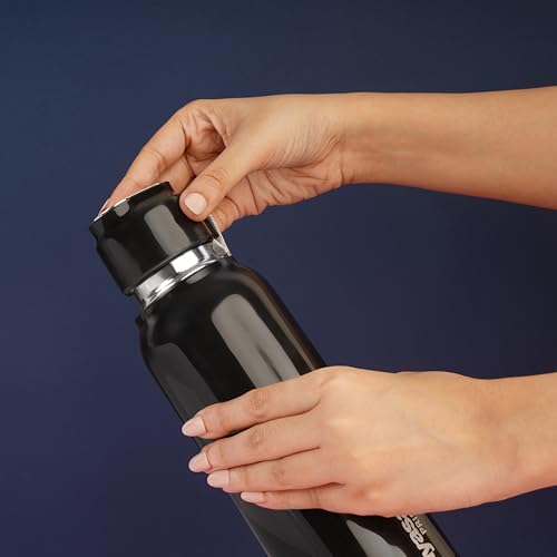 Image of Nayasa Pristine 700ml Water Bottle | BPA-Free Plastic with Insulated Stainless Steel Inner | Leak-Proof Twist Cap | for Office, School, Gym, Travel, and Outdoor Use | Black