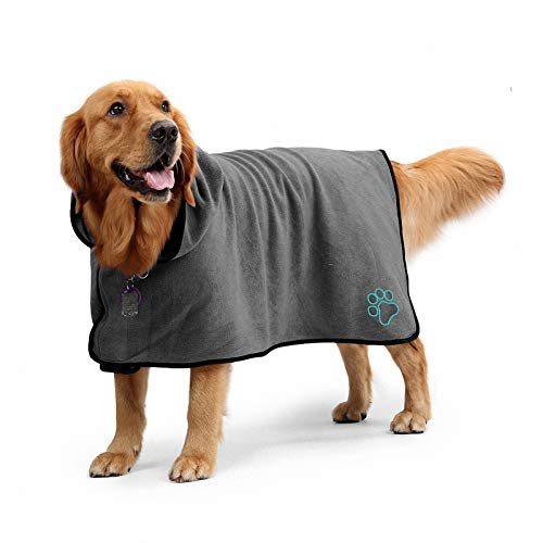 Aoweika Dog Bathrobe Towel with Adjustable Strap, Microfibre Fast Drying Super Absorbent Dog Drying Coat, Moisture Absorbing Dog Bath Robe, Quick Drying Pet Bath Towel (Grey, L)