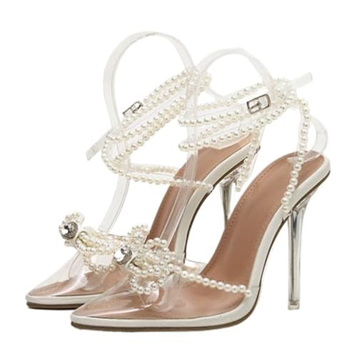 Clear Pearl Heels for Women Slingback Pointed Closed Toe Stiletto Heels Wedding Party Dress Shoes