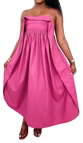 Image of YUEWOO Midi Dresses for Women Casual Summer Sundresses Vacation Outfits Spaghetti Strap Smocked Women Maxi Dress with Pockets