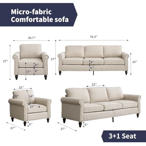Image of ijuicy 2PCS Living Room Sectional Sofa Set,Modern Linen Upholstered Couch Set with with 5 inch Thicken Cushion & Nailhead Trim, Living Room Furniture Set- Armchair and 3 Seat Sofa(Beige)
