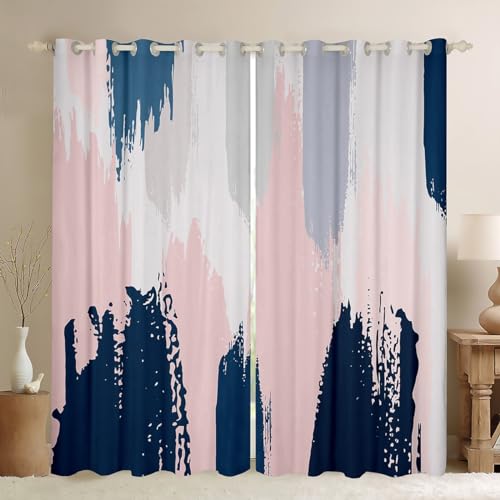 Pink Navy Blue Graffiti Curtains Bedroom Living Room Abstract Geometric 30%-50% Blackout Curtain Boys Modern Abstract Painting Darkening Drapes Artistic Smear Window Treatments, 2 Panels 52 x 90 Inch