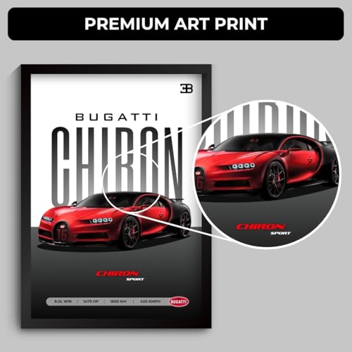 Image of Bugatti Chiron Poster | Framed Bugatti A4 Sized (31 x 23 cm) | Chiron Car Poster for Wall, Gift for Boys, Hypercar Frames | Dream Car Posters for Wall, Bedroom, Hostel, Study Area, Hostel (F 036)